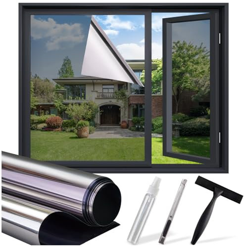 Lifetree Spiegelfolie Fensterfolie Fenster Sichtschutz, Selbsthaftend Sonnenschutzfolie Blickdicht von aussen 44.5 x200 cm, UV-Schutz Hitzeschutzfolie Verdunklungsfolie Folie Silber