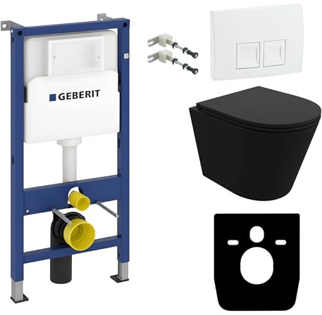 Lavita Duofix Basic Vorwandelement + Wand Tiefspül WC Galve Schwarz Spülrandlos + WC Sitz + Bedienplatte Delta 25 Weißer Knopf Komplettset Unterputz Spülkasten Toilette Komplett Sett WC