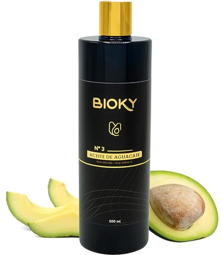 Bioky Aceite de Aguacate Puro 500ml - Para el Cabello, Piel, Uñas - Aceite Refinado, Prensado en Frío de la Pulpa de Aguacate - Hidratante para Masaje, Reafirmante y Antiarrugas
