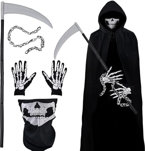 STFYUG Sensenmann Kostüm Herren, Grim Reaper Kostüm Erwachsene, Halloween Sensenmann Kostüm, Sense und Handschuhe Schädelmaske, Halloween Kostüm Unisex für Cosplay.