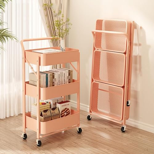 TUOYIBO Scaffale per libri mobile su ruote Carrello portadocumenti pieghevole Carrello porta libri pieghevole in metallo con braccioli per ufficio, aula, biblioteca, casa, cucina, bagno, Rosa
