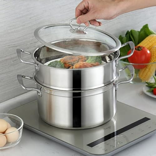 Pentola per brodo in Acciaio Inossidabile - pentola per brodo con cestello per Cottura a Vapore, pentola per Cottura a Vapore a Doppio Strato per Uso Domestico, pentola per brodo c
