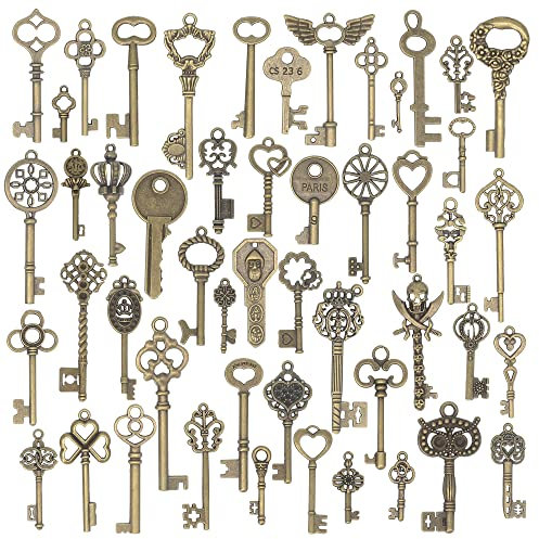 AebDerp 50 Stück Klein Vintage Skelett Schlüssel Anhänger Antike Metall Alte Basteln Set für DIY Schmuck Charm Kette Hochzeit Party Geburtstag Schlüsselanhänger Deko Geschenk Zubehör