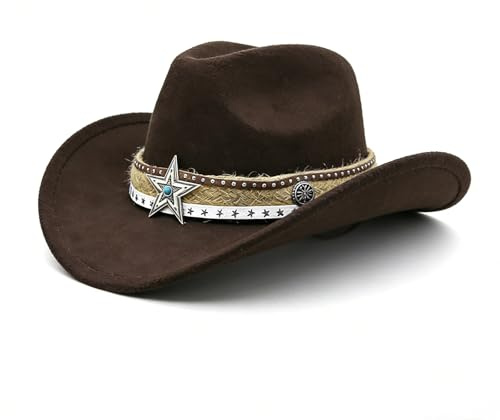 Wovella Cowboy Hat for Women and Men with Five Point Star Lightweight Design, Cowboy Hats for Men Perfect for Cowboy Outfit Outdoor Activities Brown
