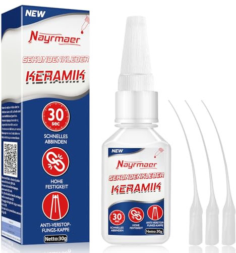 Nayrmaer Keramikkleber, 30g Wasserfester Porzellankleber, Hohe Festigkeit Sekundenkleber für Keramik, Porzellan & Ton, mit Anti-Verstopfungskappe