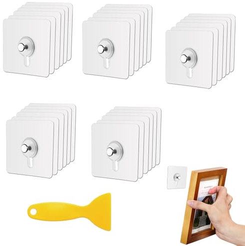 Bilderhaken Selbstklebend, 30 Stück Transparent Klebehaken 6×6cm, Transparent Klebehaken Bilderhaken Ohne Bohre mit Kleiner Schaber für Bild Poster Foto Gemälde Regal(Maximale Belastung 5 kg)