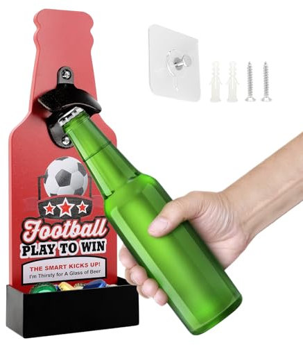 FEMONGY abridor cerveza Futbol abrebotellas, abridor cerveza pared Con recogedor de tapas de botellas, abridor de botellas para bar, cocina, terraza - regalos para hombre/regalo cerveza (rojo)