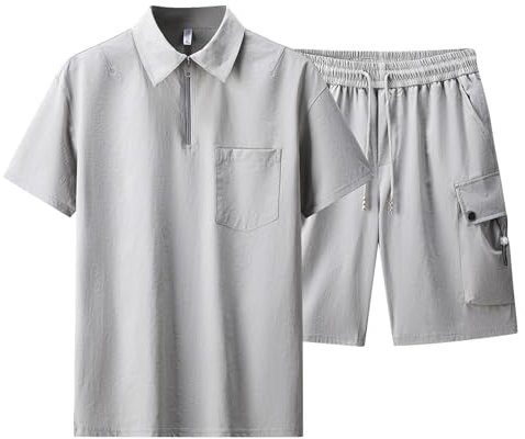 Bauzuoyo Tuta estiva da uomo, 2 pezzi, per sport, a maniche corte, con tasche, per il tempo libero, da lavoro, con chiusura lampo, set da due pezzi, grigio., 6XL