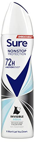 Sure Invisible Aqua Nonstop Protection deodorant spray that protects against white marks and yellow stains Anti-perspirant Deodorant Aerosol 72h protection against sweat and odour 150 ml (Pack of 6)