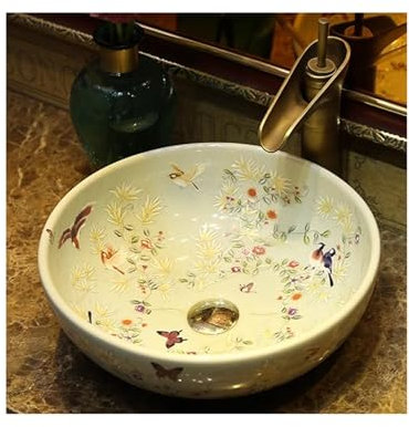 YYUINU Lavandino da Bagno, Lavabo da Appoggio con Motivo A Fiori e Uccelli, Lavabo in Stile Cinese, Verde,Calibre 35cm