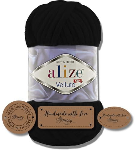 Hobby YARN 3x Etikettenlabel mit Alize Velluto Wolle Premium 1x100g als Set, Dicke Wolle zum Häkeln (Black - 60)