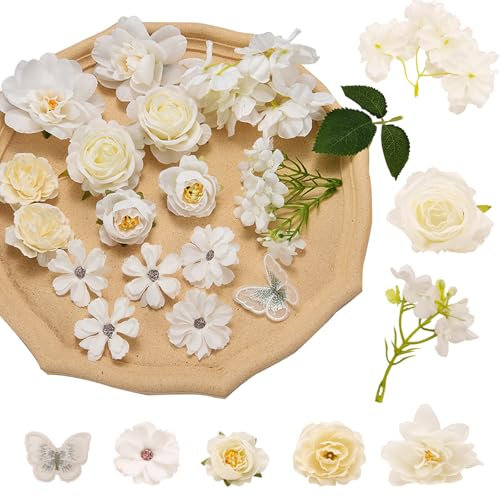 Nurila Kunstblumen zum Basteln, Weiß Künstliche Blumen, 7 Stile Arten von Blumen Fake Flowers, Deko Blumen kunstblumen für DIY Basteln Scrapbooking Hochzeit Home Handwerk Haarschmuck