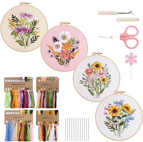 VynyQoo 4pcs Blumen Sticken Set Erwachsene, Stickset für Anfänger, Embroidery Kit mit Kunststoff Stickrahmen, Stickerei Starter Set mit 4 Blumenmuster Video und Anleitung für DIY Handwerk Geschenk