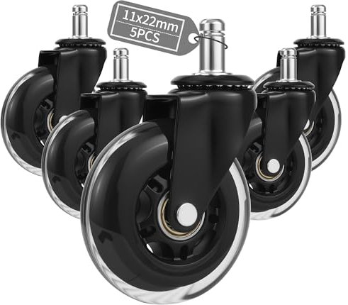 Bürostuhl Rollen 5er-Set, Rollen für bürostühle 11mm x 22 mm, Gummirollen bürostuhl Ersatzrad, Super ruhig und weich Bürostuhlrollen für Hartböden, Parkett, Teppich, Laminat und Fliesen