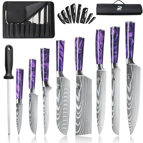 Dfito Messerset mit Nylon Rolltasche, 9-tlg Scharfe Professionelles Küchenmesser Set aus High Carbon Edelstahl mit Schön Harz Griff mit Kochmesser, Brotmesser, Santokumesser, Gemüsemesser, Wetzstab