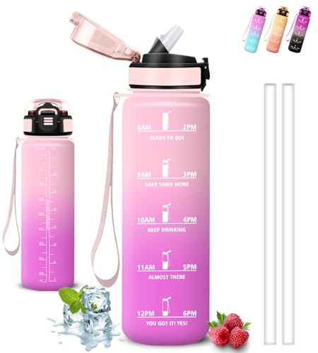 Grsta Gourde 1l, Gourde Sport, Anti Fuite, Bouteille Graduée pour 1 Journee, Facile à Nettoyer, Bouteille Reutilisable, avec Marqueur de Temps, pour Aptitude, Camping, Yoga, Sports, Voyage