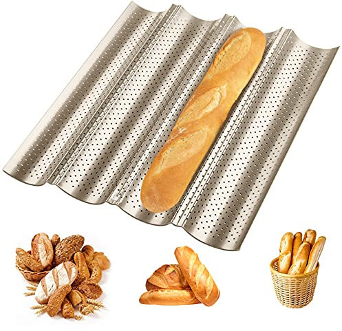 Beutrain Baguette Backform,Edelstahl Baguette-Backblech mit Antihaft-Beschichtung | Backblech mit Netzloch-Design für Baguette, Brot Backen Zubehör | Für Ofen & Grill,Gold-4er Baguetteform