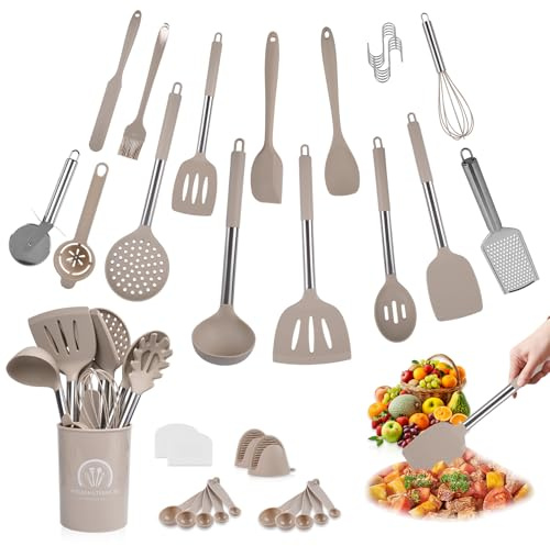Beutrain 45-teiliges Küchenhelfer Set,Lebensmittelechtem Silikon Küchenhelfer Set,Hitzebeständiger Küchenutensilien Set mit Kochutensilien,Antihaft-Beschichtung–Ideal Kochgeschirr Geschenk,Khaki