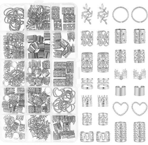 Nogeqi 190PCS Silver Hair Jewelry for Braids, Metal Hair Charms Cuffs Rings Clips, Silver Loc Jewelry for Women Men Dreadlock Accessories Decorations