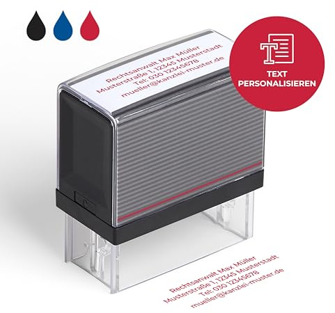 Cimpress Selbstfärbestempel personalisiert mit Wunschtext, als Namensstempel, Firmenstempel oder Adressstempel, Rote Tinte 5,7 x 2,1 cm, ideal fürs Büro, Kanzlei, Praxis