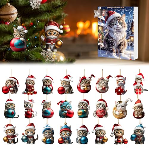 ELLXEN Weihnachtsbaum Katzen Anhänger 2025, Exklusiv Weihnachts Adventskalender Generisch,Weihnachtsbaum Ornamente für festliche Dekorationen, 24-Tage-Weihnachts-Countdown-Kalender, (2025Kätzchen)