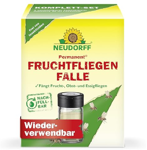 Permanent Fruchtfliegenfalle – Nachfüllbar - Fängt Obst-, Essig- und Fruchtfliegen bis zu 4 Wochen zuverlässig. Natürlicher Lockstoff. Für Haus und Garten, 1 Set