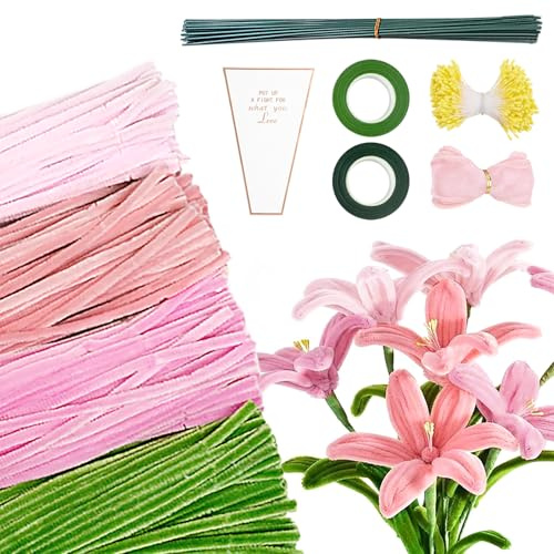 400+ Stück Pfeifenreiniger Blumen Set Lilien - Pfeifenputzer zum Basteln mit Blumendraht, Klebeband & Geschenkpapier, Ideal zu Muttertag, Weihnachten & Geburtstagen