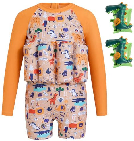 Gogokids Kids Swimsuit with Floaties Built in, Toddler Long Sleeve Swimwear | Inflatable Armbands & 8 Removable Buoyancy Pads, Back Zip, UPF 50+ Sun Protection Flotation Swimsuit for Boys Girls 22-44 lbs