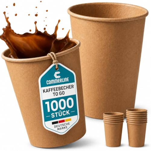 Commerline Kaffeebecher to go 200 ml, 1000 Stück, Pappbecher, Einwegbecher | Braun, Kraftpapier, Ø 80 mm, Coffee to Go Becher, Papierbecher für Heiß-/Kaltgetränke, Kaffee & Tee, Catering