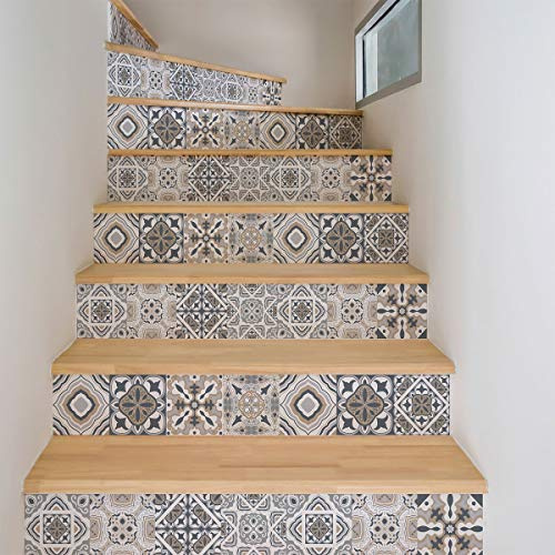 Pegatinas para escaleras, baldosas adhesivas, baldosas de cemento, pegatinas para contramarca, baldosas de cemento, escaleras, baldosas de cemento adhesivas, azulejos – 15 x 105 cm – 6 tiras