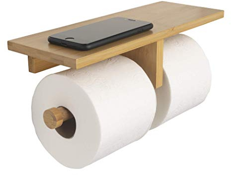 Arrow and Stem Modern Hanging Wall Mount Natural Bamboo Double Dual Toilet Paper Holder with Convenience Shelf Tray for Toilet Paper, Phone, Plants, Decor, and Other Accessories