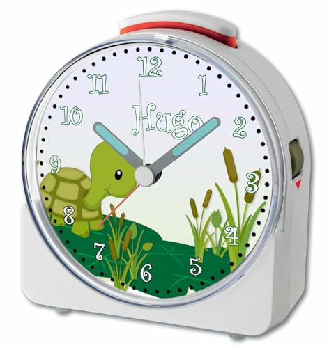 CreaDesign, WU-71-1085, Schildkröte, analog Kinderwecker weiß, Funkwecker mit Sweep-Uhrwerk und fluoreszierenden Zeiger und Licht, personlisiert mit Namen, 10,2 x 4,6 x 11 cm