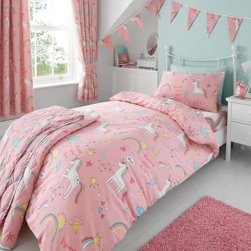 Happy Linen Company Set med rosa vändbara påslakan för dubbelsäng med enhörningar och regnbågar för flickor och barn.