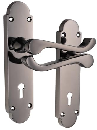 Infinity Decor Pair of Victorian Scroll Black Nickel Curved Lever on Shaped Backplate Keyhole Lock Door Handles Set - Ideal for Interior & Exterior Doors