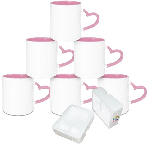 MR.R Sublimaiton - Taza de cerámica de 325 ml, interior en blanco, color rosa, con mango de corazón, caja de 6