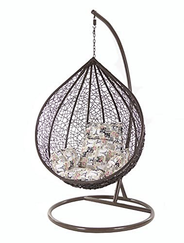 KIDEO Komplettset: XXL Hängesessel mit Gestell & Kissen, Korbsessel, Poly-Rattan, braun, groß (Kissen: Nest Grafikmuster [0930 Romantic])