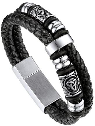 Bandmax Pulsera Cuero Esclava de Iman con Dije Vegvisir Nudos Triqueta, Pulsera Cordones Negro Hombre 19cm Doble Capas Cierre Magnetico