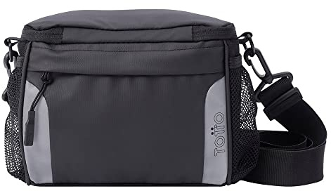 Totto - Bolsa Térmica Porta Alimentos, Modelo Bike, Bolsa para Manillar Bicicleta, 2 Compartimentos, 2 Bolsillos Laterales, Tejido Reflectante para Visibilidad, Color Negro