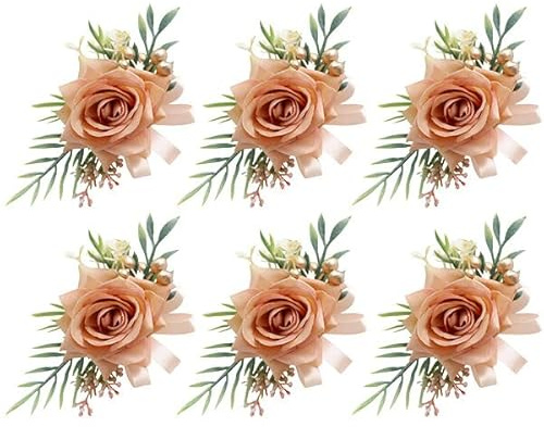 Braut Boutonniere und Handgelenksblume,6 Stück Hochzeit Rose Handgelenk Corsagen - Brautjungfer Handgelenk Blume Künstliche Rose Blumen Anstecker Hochzeit Boutonniere Blumen für Bräutigam Prom Party