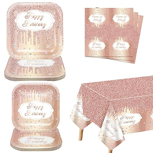 61 Piece Décorations De Fête En or Rose - Fournitures De Fête D'anniversaire, Assiettes En Papier, Serviettes, Nappe En or Rose, Pour Les Fournitures De Fête D'anniversaire De Filles Et De Femmes