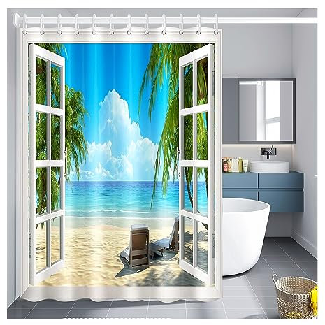 NiCoLa Beach Shower Curtains Outdoor Beach Scene Shower Curtain, Polyester Long Shower Curtains 200cm Drop for Outdoor Indoor Bathrooms Wet Rooms (Beach Pattern 180 * 200cm)