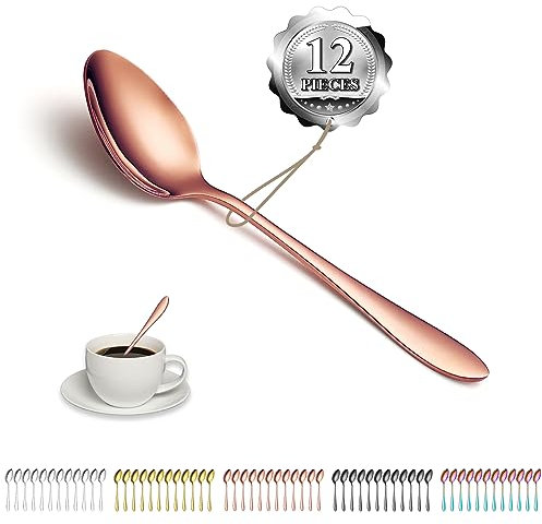 Kyraton Rose Gold Teaspoons Set of 12 Pieces, 14cm Titanium Rose Gold Plating Stainless Steel Coffee Spoons, Dessert Spoon, Small Tea Spoons, Dishwasher Safe