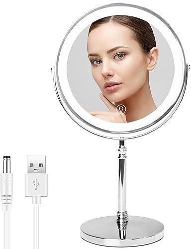 WITFAMILY Kosmetikspiegel Beleuchtet mit 1X/10X Vergrößerung und 3 Einstellbaren Lichtfarben， Dimmbaren Helligkeiten, USB Aufladen Doppelseitiger Makeup Schminkspiegel für Badezimmer (Silber