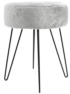 OHS Footstool Teddy Fleece, Dressing Table Stools for Bedroom Foot Rests for Living Room Hairpin Legs Makeup Vanity Stool Pouffe, Decorative Padded Fabric Grey