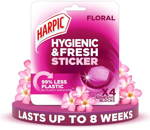 Harpic Hygienic Fresh Sticker Adhesive Toilet Block, Floral, Pack 1 x 4 Stickers, Toilet Freshener, No Plastic Applicator, Up to 8 weeks of Freshness