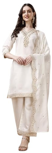 Pratham Blue Chanderi Kurta droit brodé en soie avec palazzos et dupatta pour femme, Blanc, L