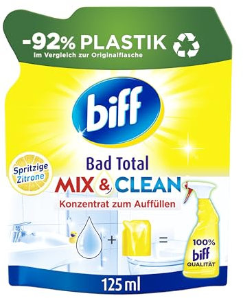 Biff Bad Total Mix & Clean, detergente per il bagno al limone, 125 ml, detergente per il bagno contro calcare e sporco, concentrato da riempire con il 92% in meno di plastica, riciclabile