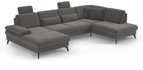 Cavadore Wohnlandschaft Moritz / Sofalandschaft mit Longchair im trendigen Design, Sitztiefenverstellung, Kopfstützen und mattschwarzen Metallfüßen / 335 x 82-107 x 212 / Flachgewebe, Grau