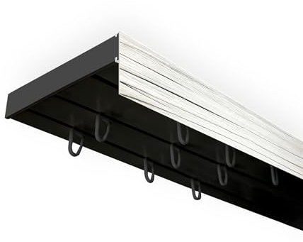 SN Deco - Vorhangschiene SH Set, Gardinenschiene, vorgebohrt, m. Blende Weiß-Esche 5cm, Komplettes Zubehör und Röllchen (Schiene Schwarz 3-läufig, Blende Weiß-Esche, 240 cm - aus 2 Teilen)