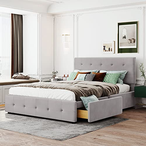 Rtopsu Polsterbett Doppelbett 140x200 cm, Bett mit 4 Stauraum Schubladen und Kopfteil, Bettgestell mit Lattenrost und Metallrahmen, Samt, Grau, Ohne Matratze